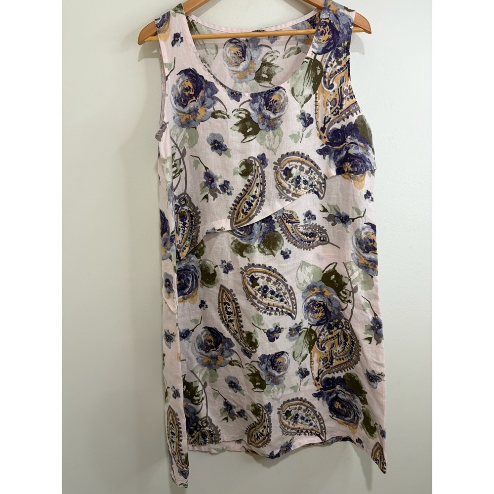 Habitat Womens Floral Paisley 100% Linen Dress‎ Sz L Boho Asymmetrical Lagenlook